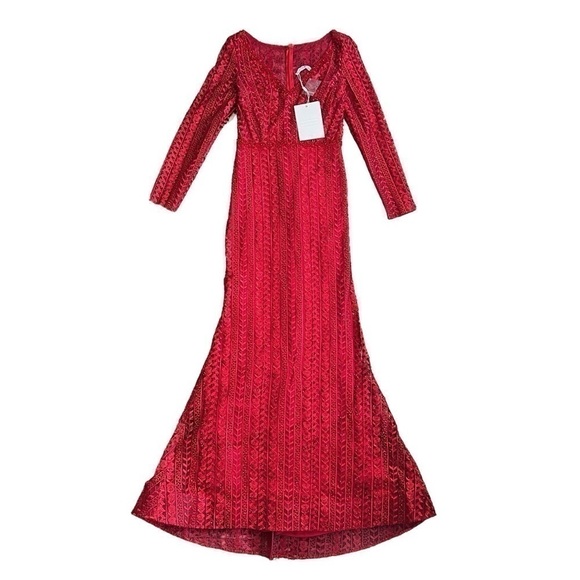 Mac Duggal 20271 Mother of Bride Gown Red Long Sleeve Dress Embroidered Cherry - Picture 1 of 15